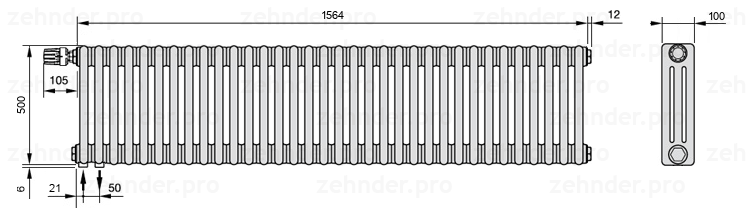 Схема (чертеж) Радиатор Zehnder Charleston 3050/34 №V001 Белый глянцевый RAL 9016